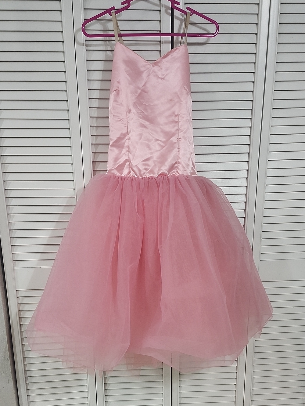 Girls Pink Satin & Tulle Formal Dress with Spaghetti Straps